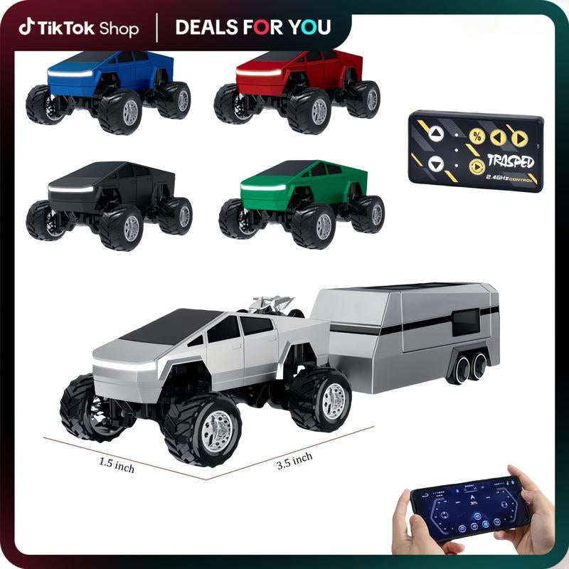 Unleash Adventure with the HOTFREE 1/64 Mini RC Monster Cybertruck – All-Terrain Metal Off-Road Pickup with Trailer | Enjoy 2.4Ghz Remote & App Control | USB-C Rechargeable | Perfect Big Wheel Racing Toy for Kids, Boys, and Collectors