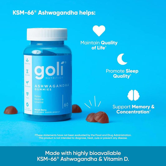 3 Bottles of Goli Ashwagandha & Vitamin D Gummy - Mixed Berry, KSM-66, Vegan, Plant Based, Non-Gmo, Gluten & Gelatin Free