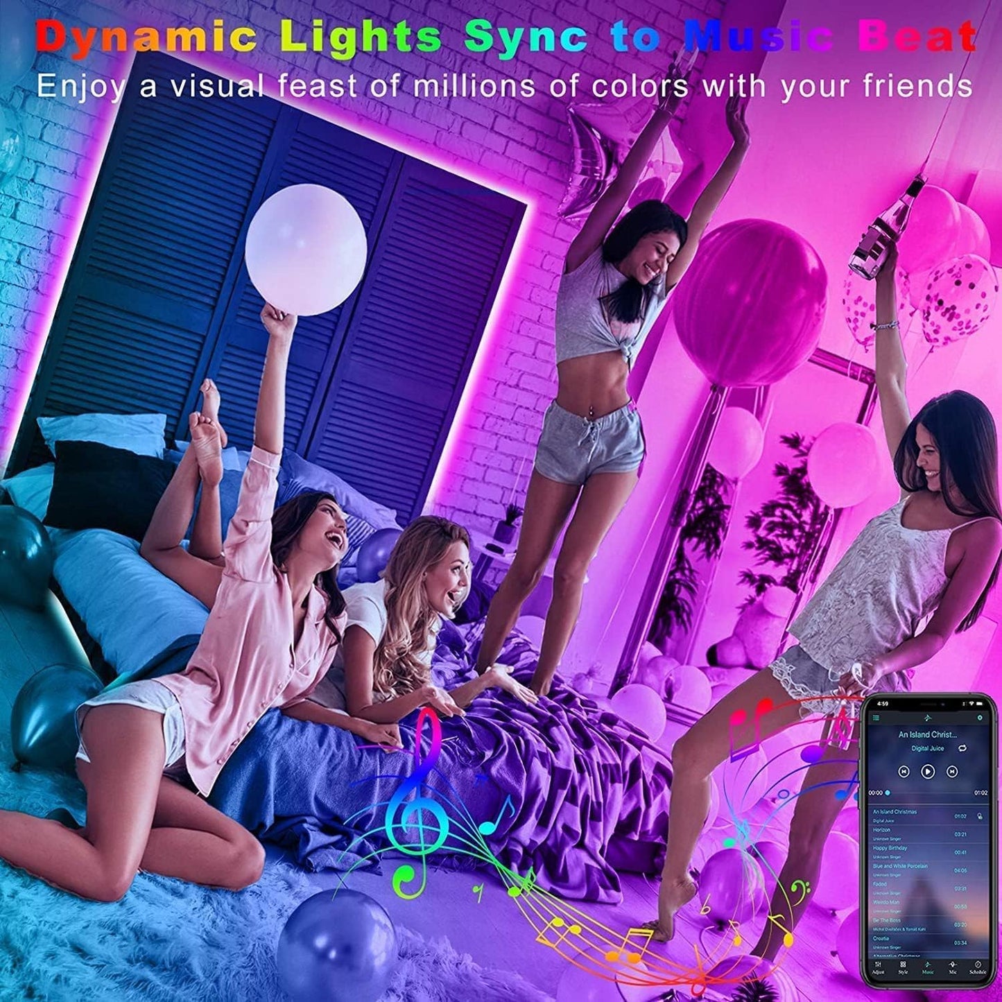 32.8Ft LED Strip Lights, RGB LED Smart Music Sync Color Changing LED Lights Strips with Remote LED Lights for Bedroom, Room, TV, Party