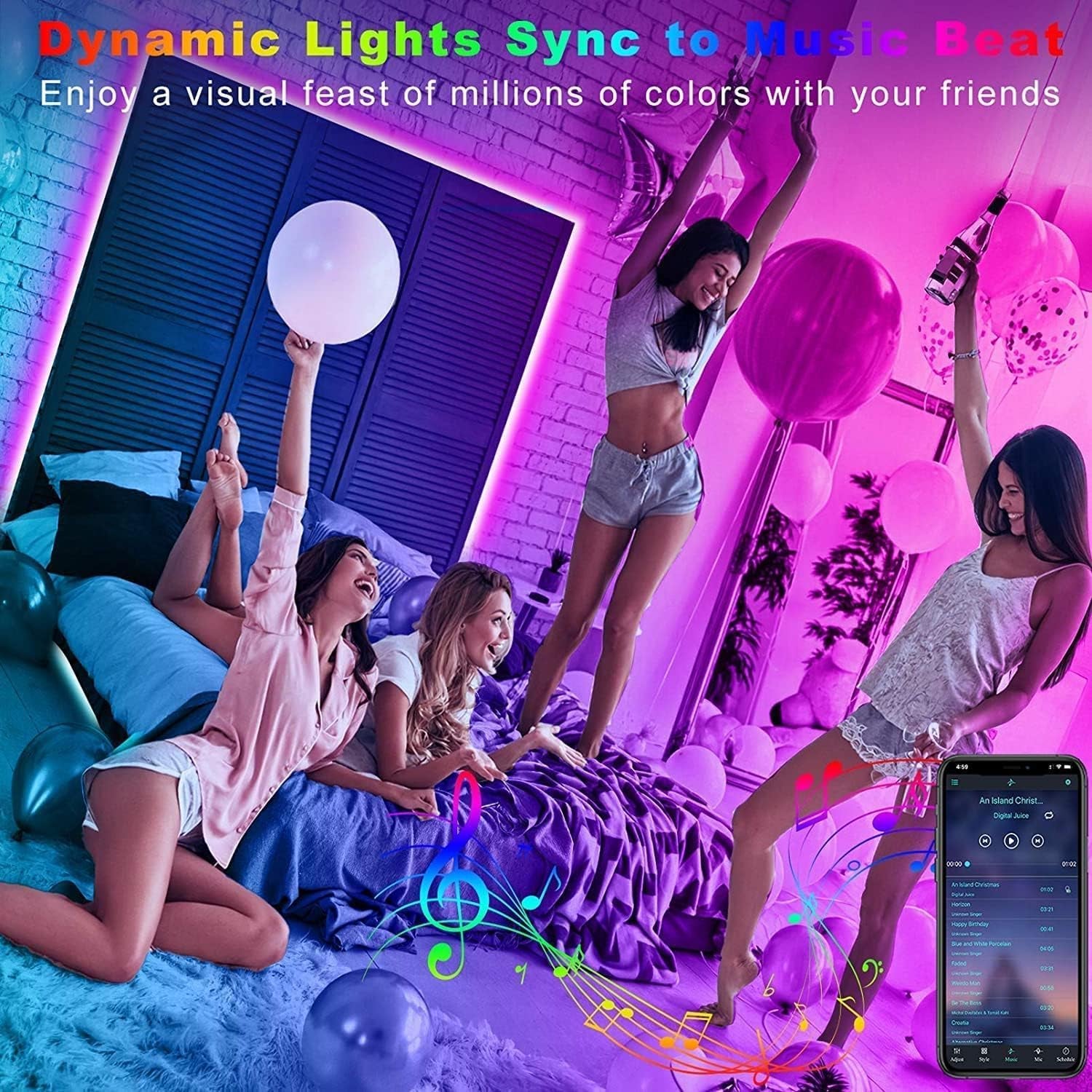 32.8Ft LED Strip Lights, RGB LED Smart Music Sync Color Changing LED Lights Strips with Remote LED Lights for Bedroom, Room, TV, Party